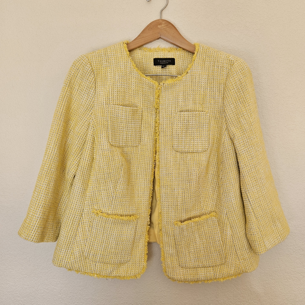 NWT Talbots Women Yellow & White  Cotton Tweed Blazer Jacket Size 14WP